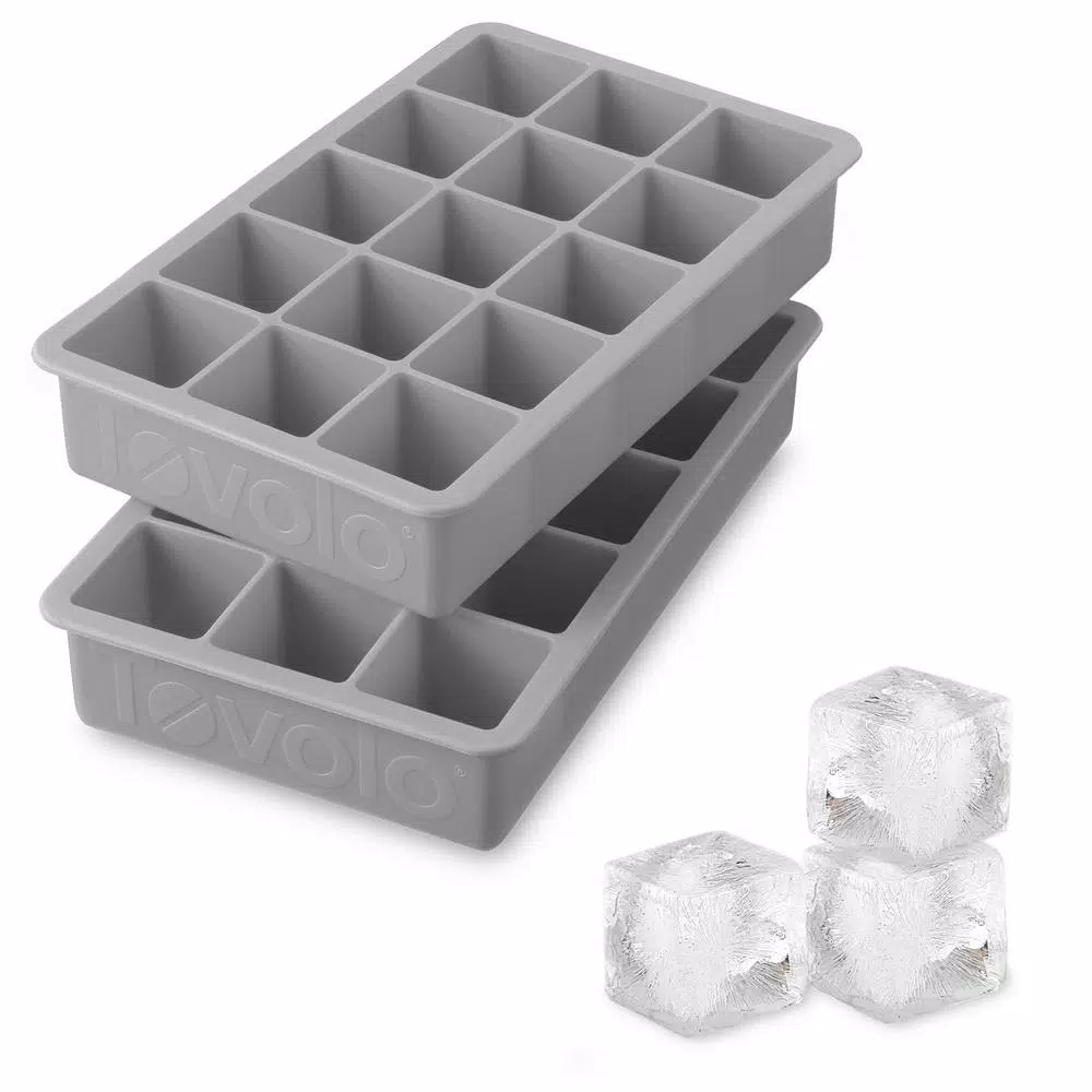 Spectrum Perfect Cube Silicone Ice Mold Freezer Tray 1.25 Cubes For Whiskey, Bourbon, Spirits & Liquor, 2-Piece Set, Oyster Gray