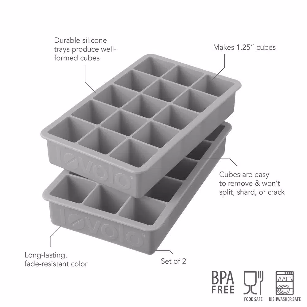 Spectrum Perfect Cube Silicone Ice Mold Freezer Tray 1.25 Cubes For Whiskey, Bourbon, Spirits & Liquor, 2-Piece Set, Oyster Gray - Image 2