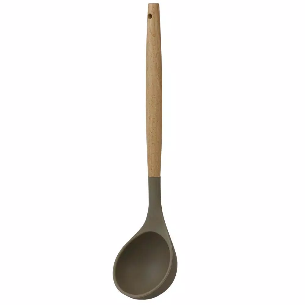 Home Basics Karina High-Heat Resistance Grey With Easy Grip Beech Wood Handle Non-Stick Safe Silicone Ladle - Image 3
