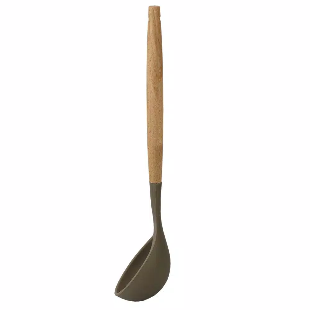 Home Basics Karina High-Heat Resistance Grey With Easy Grip Beech Wood Handle Non-Stick Safe Silicone Ladle - Image 2
