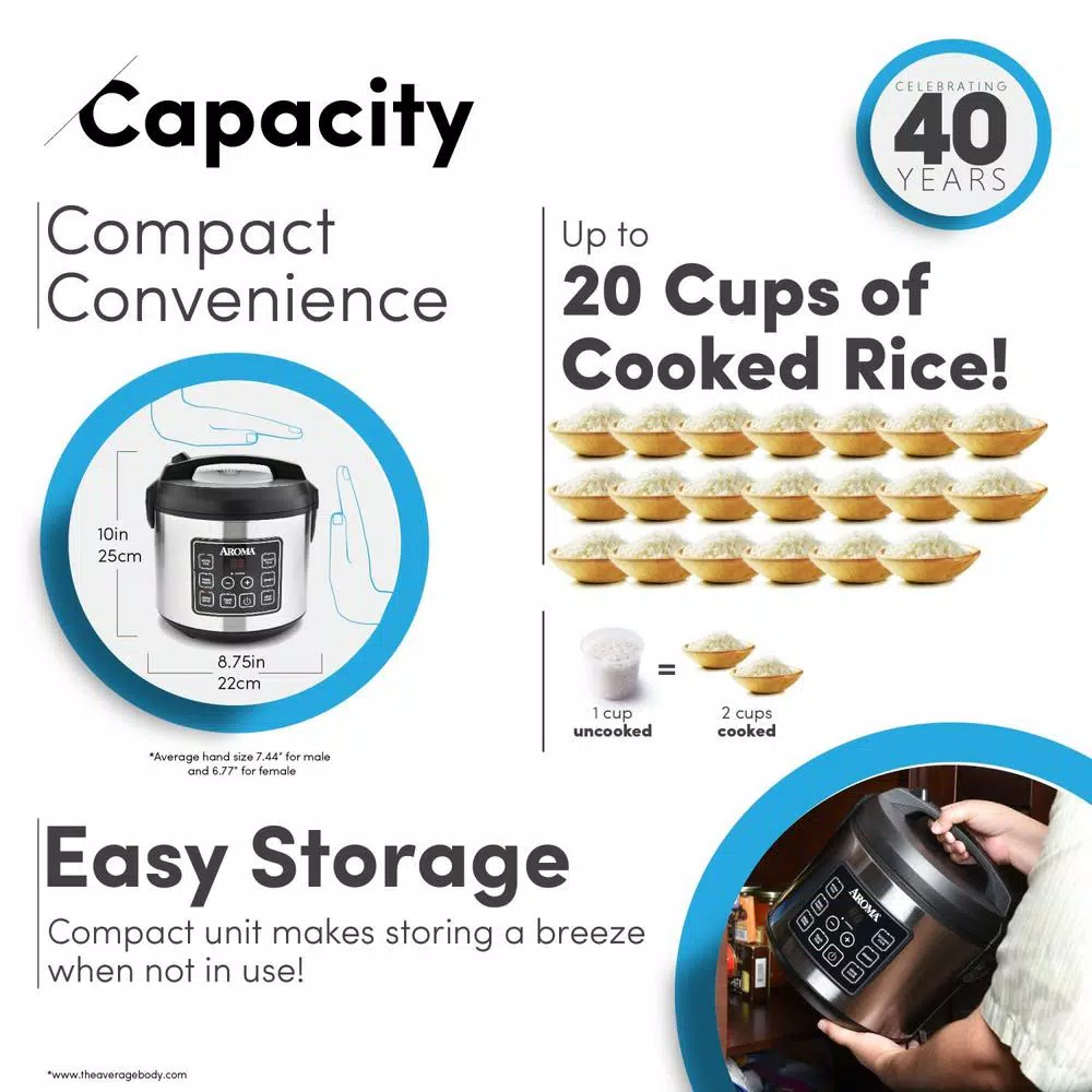 AROMA 20-Cup Silver Rice Cooker With Food Steamer And Slow Cooker Functions - Image 5