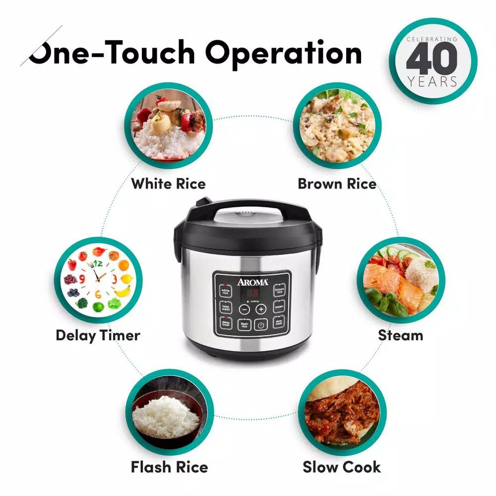 AROMA 20-Cup Silver Rice Cooker With Food Steamer And Slow Cooker Functions - Image 3