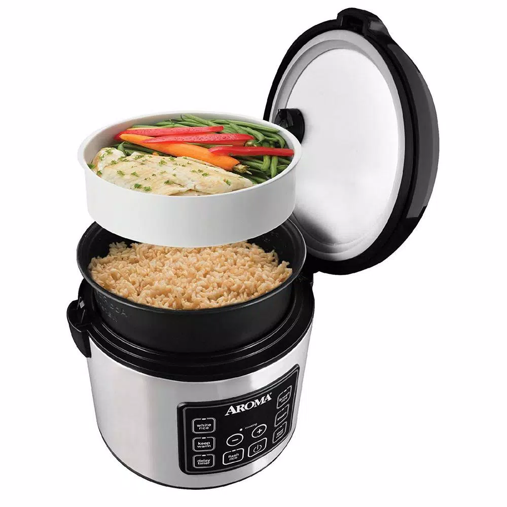 AROMA 20-Cup Silver Rice Cooker With Food Steamer And Slow Cooker Functions - Image 7