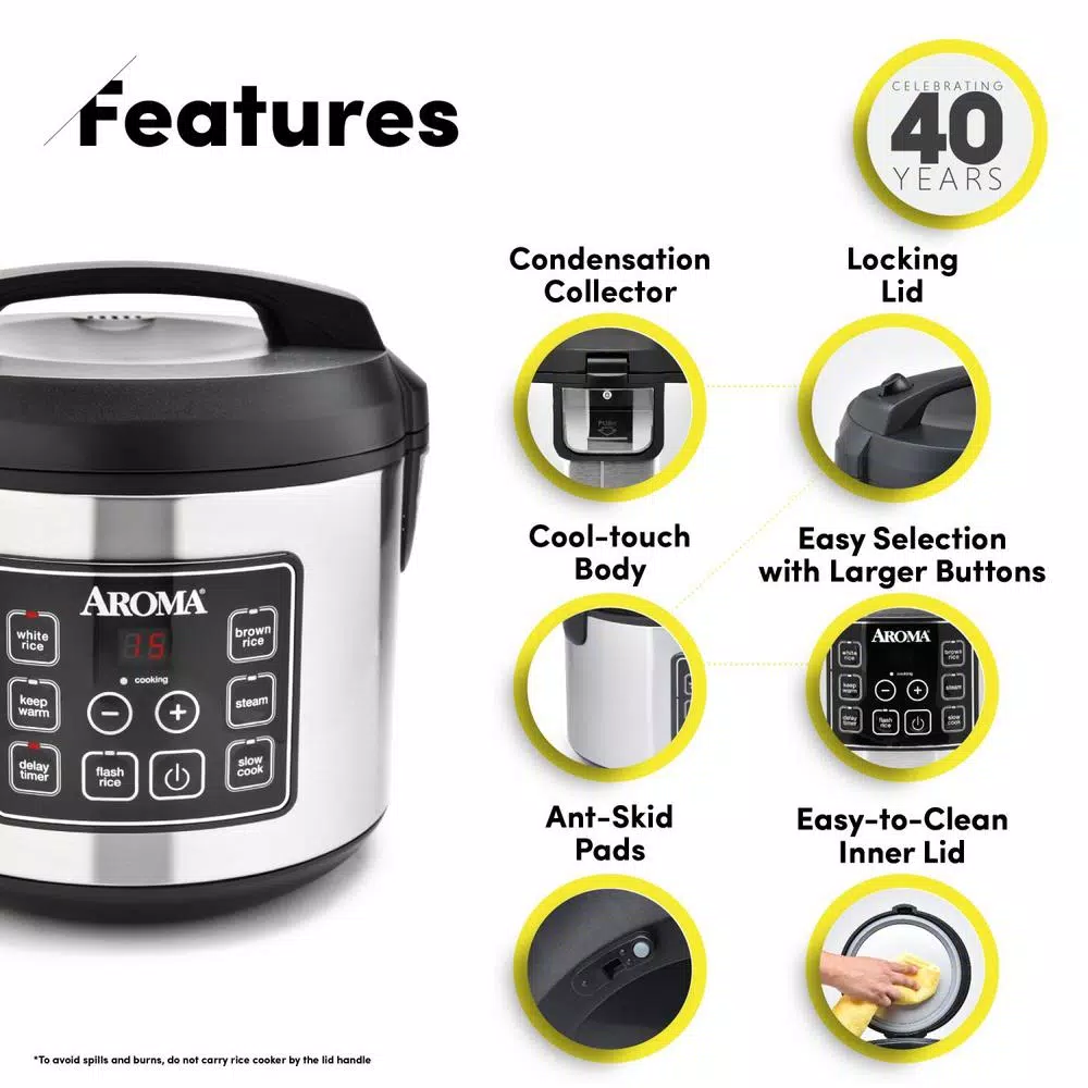 AROMA 20-Cup Silver Rice Cooker With Food Steamer And Slow Cooker Functions - Image 2