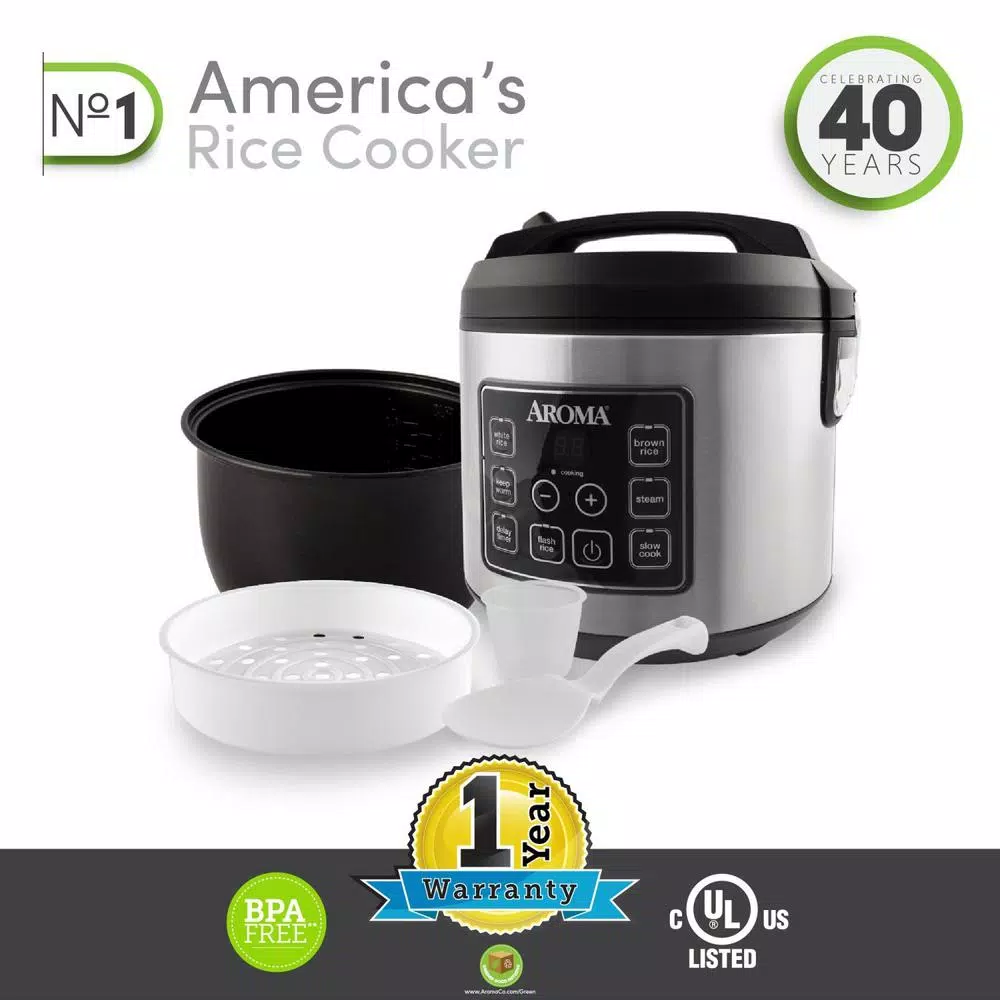 AROMA 20-Cup Silver Rice Cooker With Food Steamer And Slow Cooker Functions - Image 6