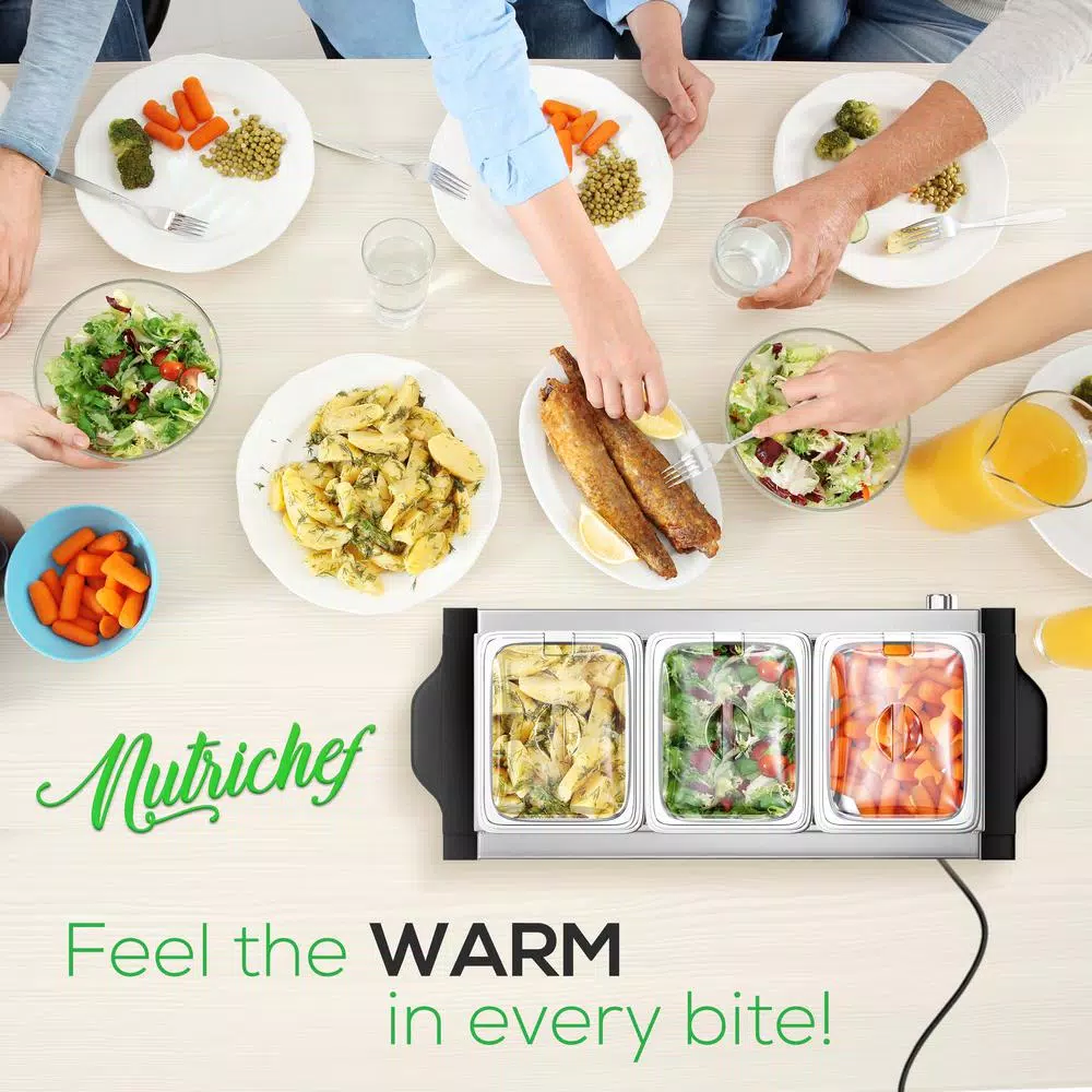 NutriChef 21.9 In. Stainless Steel Electric Food Warming Tray Buffet Server Hot Plate Food Warmer (3-Plate Tray Style) - Image 3