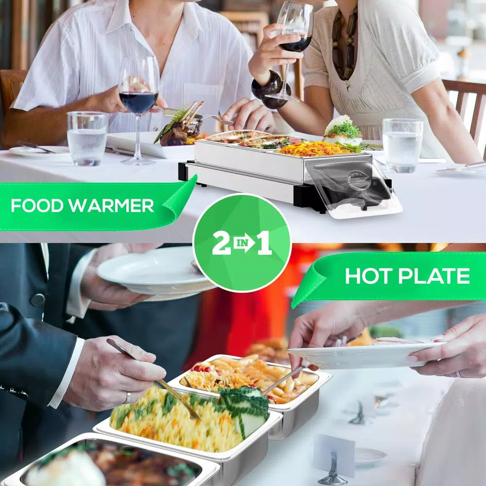 NutriChef 21.9 In. Stainless Steel Electric Food Warming Tray Buffet Server Hot Plate Food Warmer (3-Plate Tray Style) - Image 5