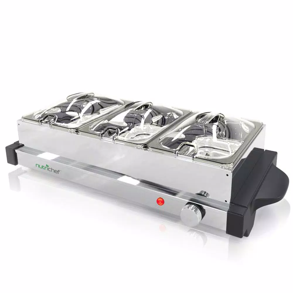 NutriChef 21.9 In. Stainless Steel Electric Food Warming Tray Buffet Server Hot Plate Food Warmer (3-Plate Tray Style)