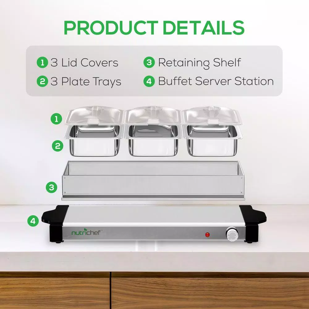 NutriChef 21.9 In. Stainless Steel Electric Food Warming Tray Buffet Server Hot Plate Food Warmer (3-Plate Tray Style) - Image 9