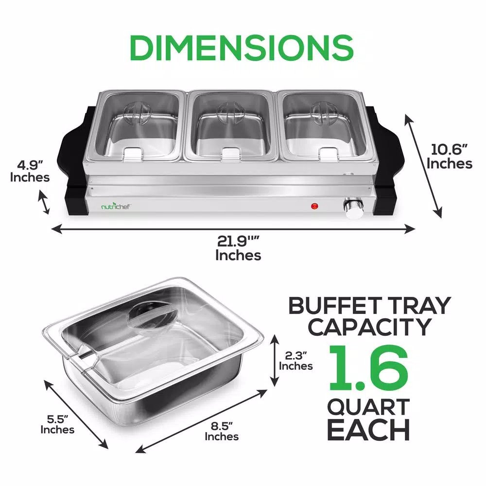 NutriChef 21.9 In. Stainless Steel Electric Food Warming Tray Buffet Server Hot Plate Food Warmer (3-Plate Tray Style) - Image 2