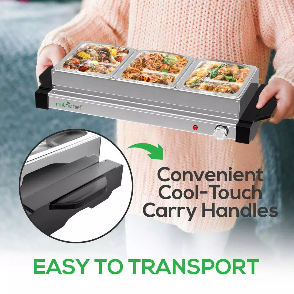 NutriChef 21.9 In. Stainless Steel Electric Food Warming Tray Buffet Server Hot Plate Food Warmer (3-Plate Tray Style) - Image 8
