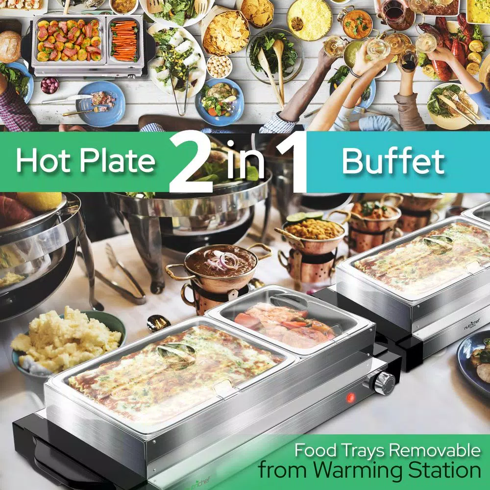NutriChef 21.9 In. Stainless Steel Electric Food Warming Tray Buffet Server Hot Plate Food Warmer (Dual Plate Tray Style) - Image 5