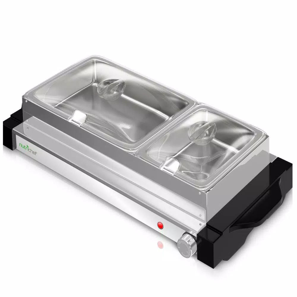 NutriChef 21.9 In. Stainless Steel Electric Food Warming Tray Buffet Server Hot Plate Food Warmer (Dual Plate Tray Style)