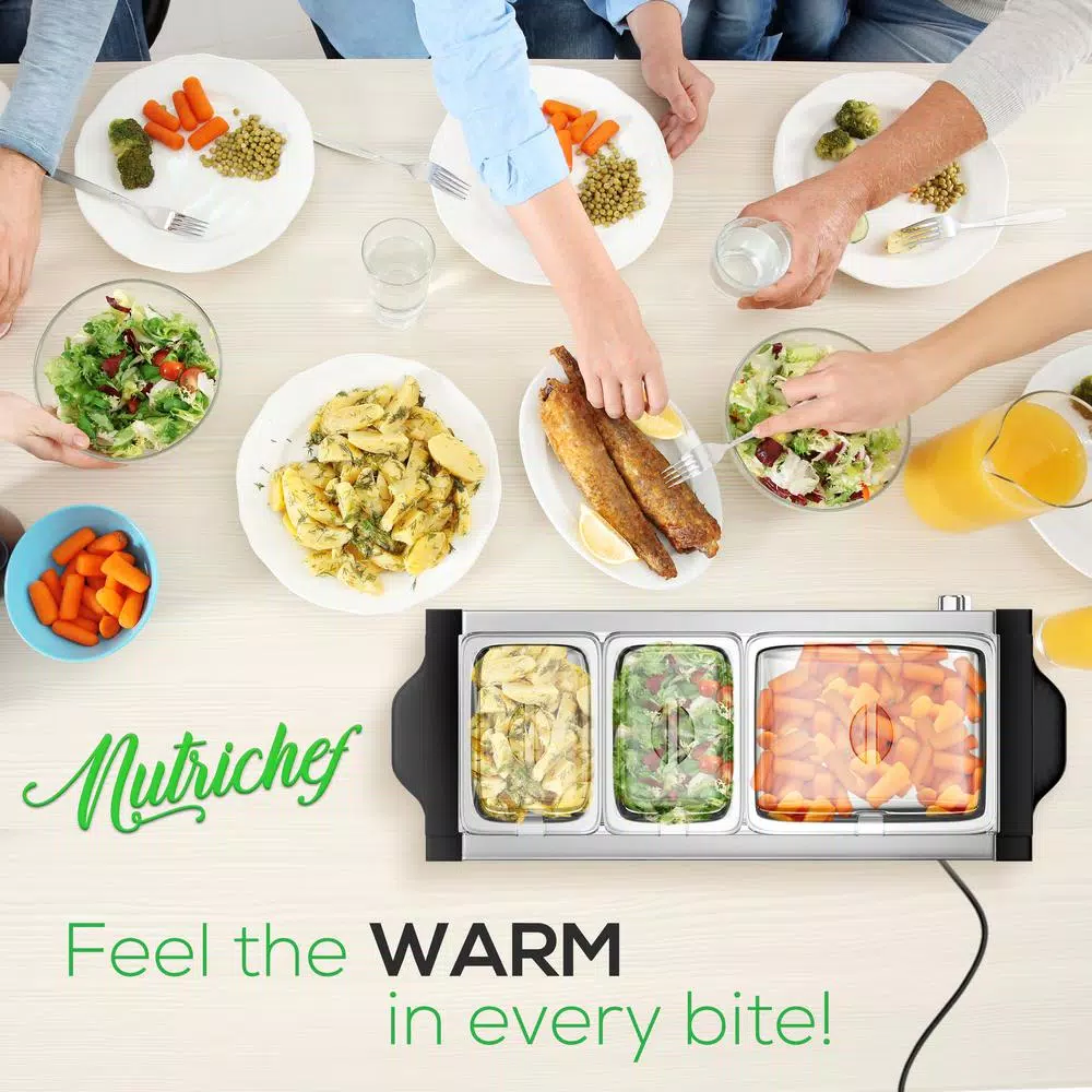 NutriChef 27.6 In. 3-Burner Stainless Steel Electric Food Warming Tray – Buffet Server Hot Plate Food Warmer - Image 3