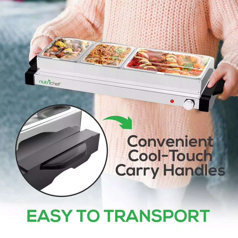 NutriChef 27.6 In. 3-Burner Stainless Steel Electric Food Warming Tray – Buffet Server Hot Plate Food Warmer - Image 7