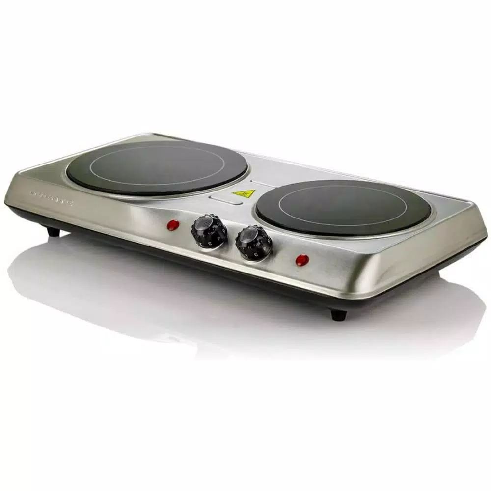 Ovente 6.5 In. And 7 In. Silver Double Hot Plate Electric Glass Infrared Stove, 1700-Watt