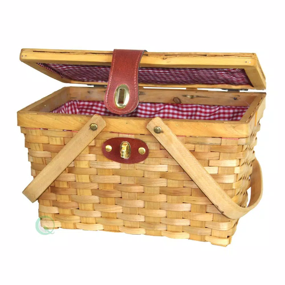 Vintiquewise 12.5 In. X 7.5 In. X 7.5 In. Picnic Basket Gingham Lined With Folding Handles - Image 3