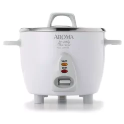 AROMA Simply 6-Cup Stainless Steel White Rice Cooker With Measuring Cup And Serving Spatula