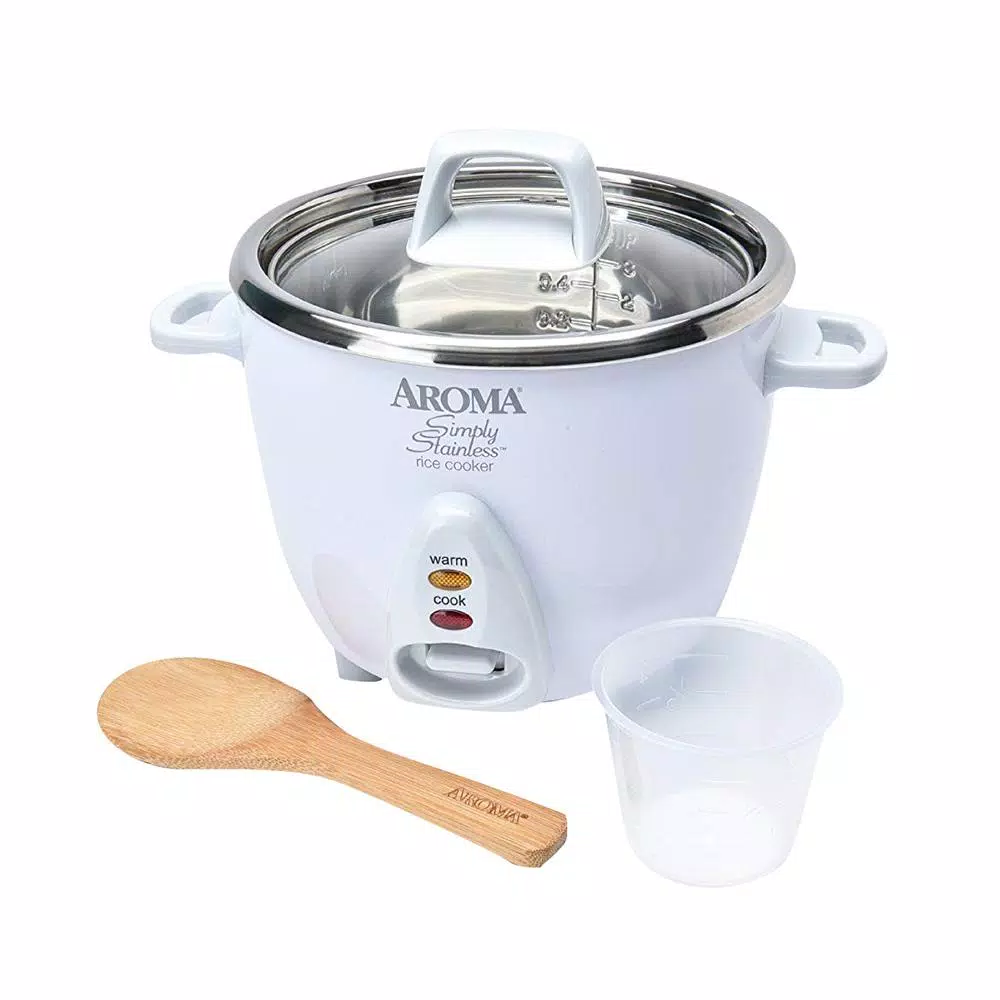 AROMA Simply 6-Cup Stainless Steel White Rice Cooker With Measuring Cup And Serving Spatula - Image 3