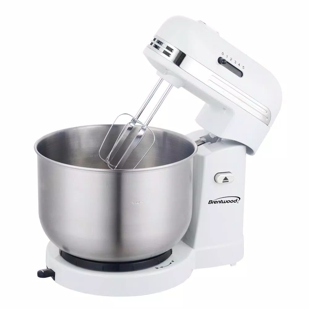 Brentwood Appliances 3 Qt. 5-Speed White With Stainless Steel Mixing Bowl Stand Mixer