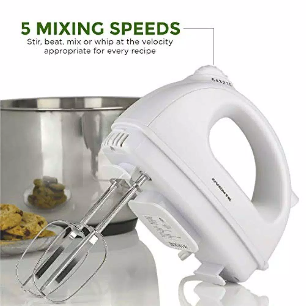 Ovente 5-Speed 150-Watt White Hand Mixer Stainless Steel Chrome Beaters And Free Snap-On Case - Image 4