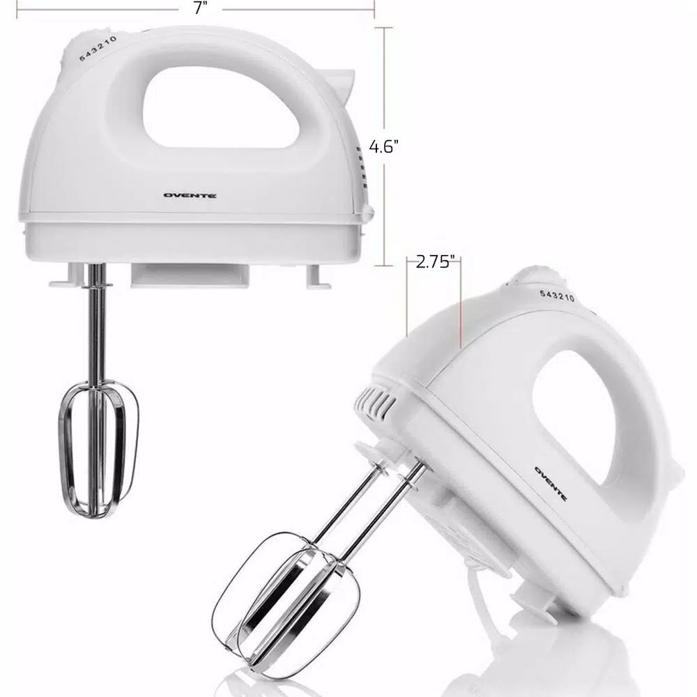 Ovente 5-Speed 150-Watt White Hand Mixer Stainless Steel Chrome Beaters And Free Snap-On Case - Image 3