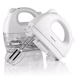 Ovente 5-Speed 150-Watt White Hand Mixer Stainless Steel Chrome Beaters And Free Snap-On Case