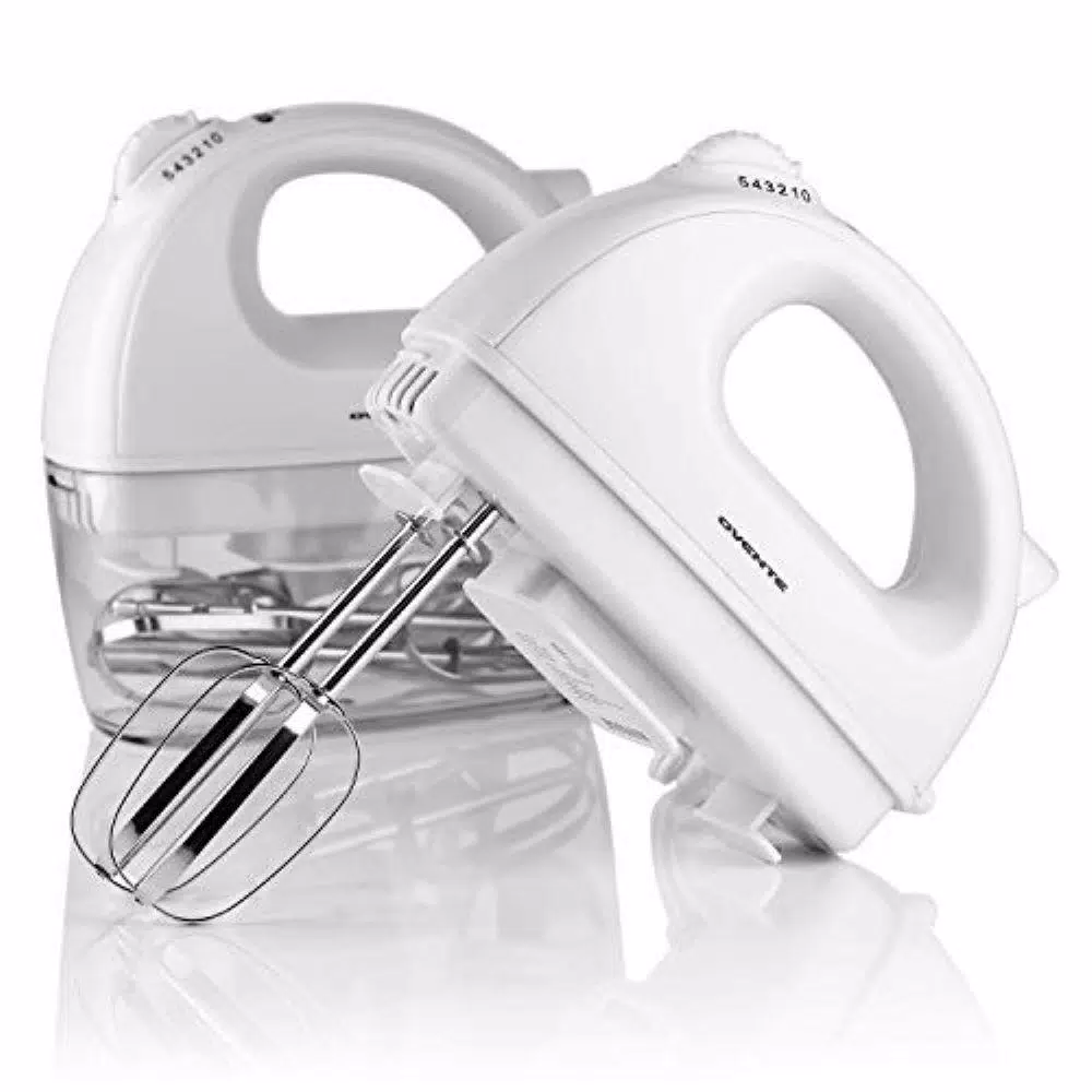 Ovente 5-Speed 150-Watt White Hand Mixer Stainless Steel Chrome Beaters And Free Snap-On Case