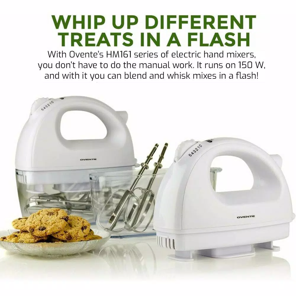 Ovente 5-Speed 150-Watt White Hand Mixer Stainless Steel Chrome Beaters And Free Snap-On Case - Image 2
